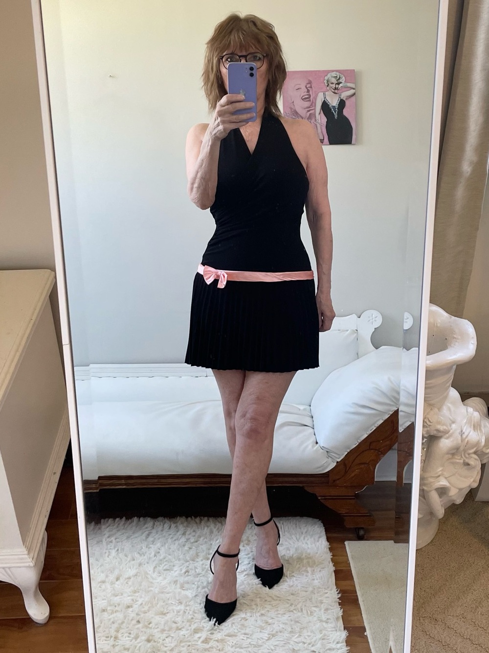 VINTAGE CITY TRIANGLES BLACK HALTER DRESS DROP WAIST PLEATED PEACH RIBBON BOW